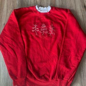 VINTAGE SUNBURST Long Sleeve Sweatshirt Red Bedazzled Christmas Trees Medium